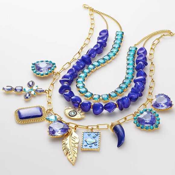 Simply Vera Wang Gold Tone 3 Row Charm Statement Necklace Evil Eye Heart Feather - Picture 1 of 9